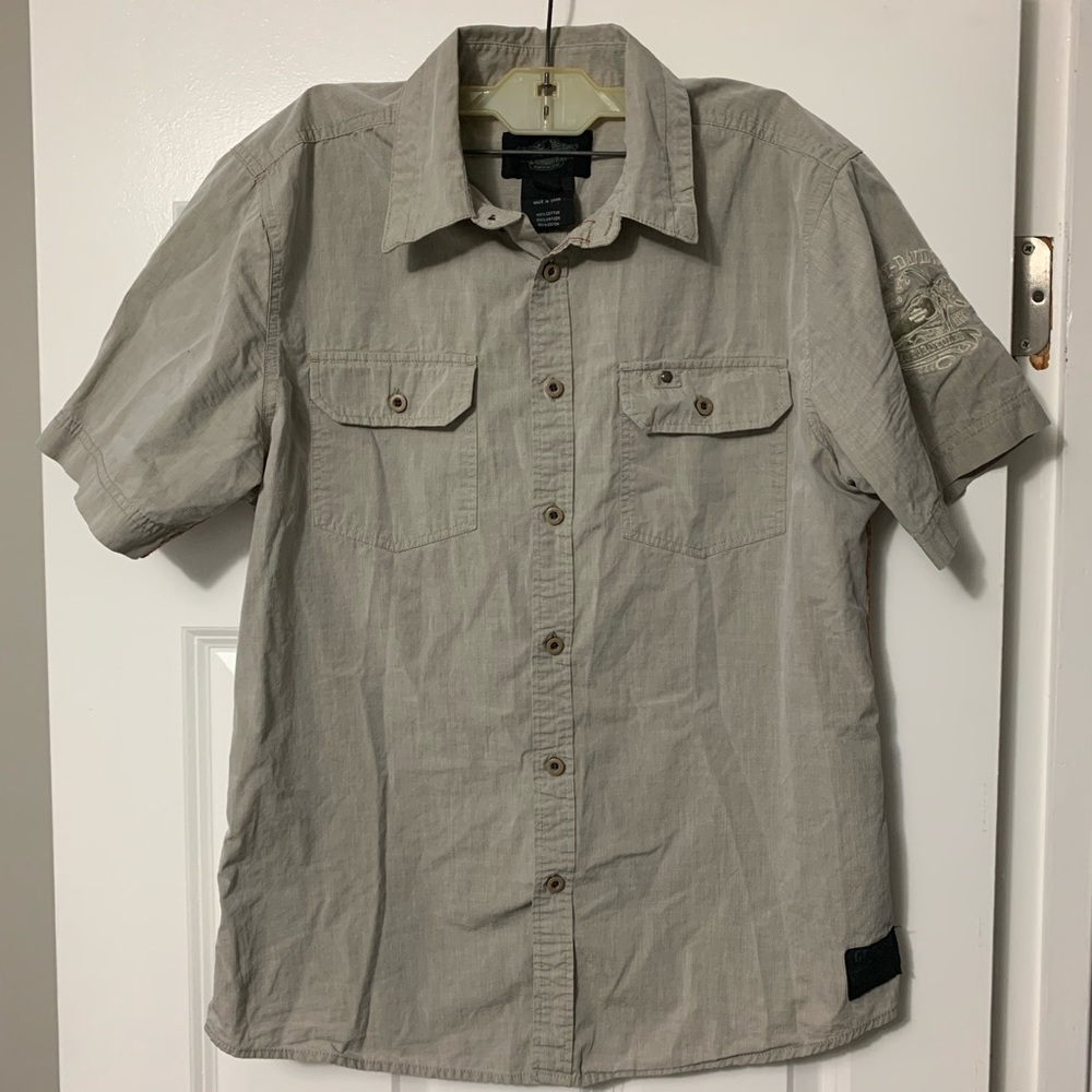 HARLEY DAVIDSON Button Down Shirt Short Sleeve Men's Size Large Tan/Khaki